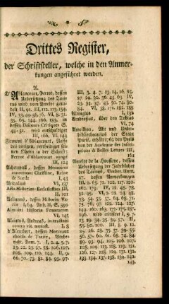 Drittes Register, der Schriftsteller, welche in den Anmerkungen angeführet werden