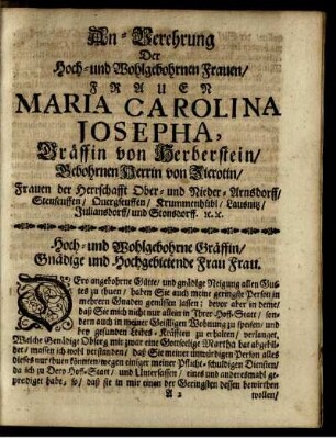 An-Verehrung Der Hoch-und Wohlgebohrnen Frauen Frauen Maria Carolina Josepha ...