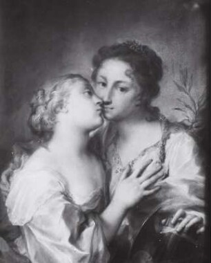 Die Liebe an der Brust der Gerechtigkeit : Rosalba Carriera (1675-1757): Die Liebe an der Brust der Gerechtigkeit (Mit Rahmen). Pastell; 64,5 x 51,5 cm. Ehemaliger Verwalter: Gemäldegalerie Alte Meister