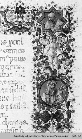 Psalter : Buchseite mit Randbordüre, eingeschlossenen Medaillons, Text und historisierter Initiale P mit dem auferstandenen Christus