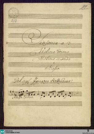 Symphonies - Mus. Hs. 213 : vl (2), b; G; EDM I/24 9