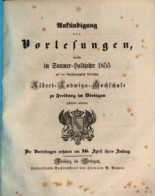 Ankündigung der Vorlesungen der Badischen Albert-Ludwigs-Universität Freiburg im Breisgau. 1855, 1855. SH
