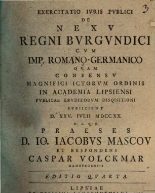 Exercitatio iuris publici De nexu regni Burgundici cum imperio Romano-Germanico