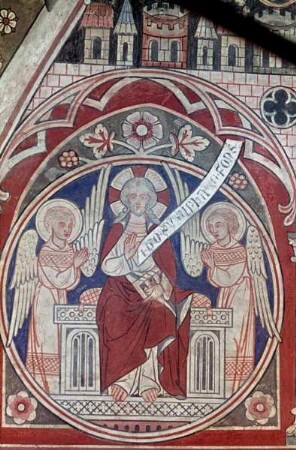 Thronender Gottvater in Gestalt des präfigurierten Christus, umgeben von zwei Engeln