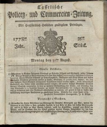 35tes Stueck, Montag den 31ten August. 1778