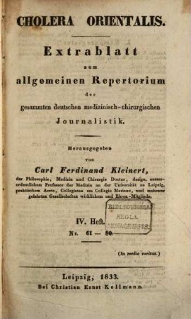 Cholera orientalis. 4 = Nr. 61 - 80. 1833