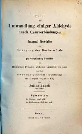 Über die Umwandlung einiger Aldehyde durch Cyanverbindungen : Inaug. Diss.