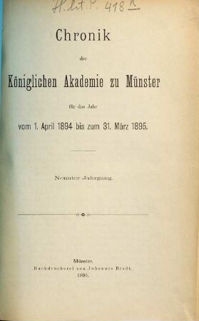 Chronik der Königlichen Akademie zu Münster. 1894/95 = Jg. 9