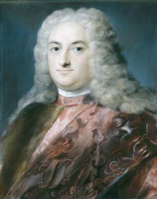 Ein Herr in rötlichem gemusterten Rock (evtl. Vincenzo Querini, Magistrat von Venedig)