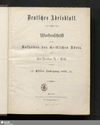 11.1893,27/53: Deutsches Adelsblatt : Zeitschrift der Deutschen Adelsgenossenschaft für die Aufgaben des christlichen Adels