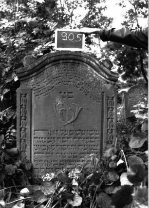Grabstein 905 (Index: 100103765) Material: Sandstein Zustand: unten und oben beginnende Verwitterung (unten mit Textverlust), sonst gut erhalten, etwas eingesunken Maße HxBxT: 144x85x22 cm Beschreibung: Stele, Konvexbogenabschluss mit Verdachung, auf den Einzügen Kugelaufsätze, seitliche Rahmen mit Blütenfries, gekreuzte Akanthusblätter, einige Buchstaben sind als Zeilenfüller verlängert Symbolik: gekreuzte Akanthusblätter, Blütenfries: Grabstein 905