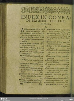 Index In Conradi Mauseri Titulum de Nuptiis