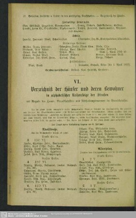 VI. Häuserbuch : VI. Verzeichniß der Häuser und derer Bewohner in alphabetischer Reihenfolge der Straßen