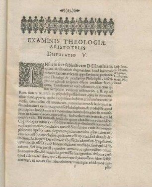 Examinis Theologiæ Aristotelis Disputatio V.