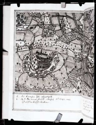 Kirche mit Dorf 1732; kolorierte Federzeichnung