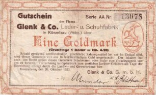 Goldwechselschein der Firma Glenk & Co., Leder- und Schuhfabrik Künzelsau