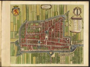 Stadtplan von Delft, 1: 4 000, kolorierter Kupferstich, um 1657 : Delfi Batavorum vernacule Delft - [Ca. 1:4.000] /[Amsterdam] : [Ioannes Ianssonius], [1657]. - 1 Vogelschaukarte : 1 Kupferst. ; 59,0 x 39,7 cm. - Mit 2 Wappen. - Mit Gebäudeverz. - Titelkartusche oben. - Vermutl. aus: Theatrum Urbium Celebriorum totius Belgii Sive Germaniae Inferioris [Theatrum / 4] / Jansson, Jan. - Amstelodami//Amsterdam : Ioannes Ianssonius, 1657