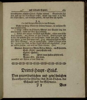 Drittes Hauptstück. Von unterschiedlichen und gewöhnlichen Kranckheiten der Pferdte / deß Rind-Viehes / der Schaafe und der Schweine.