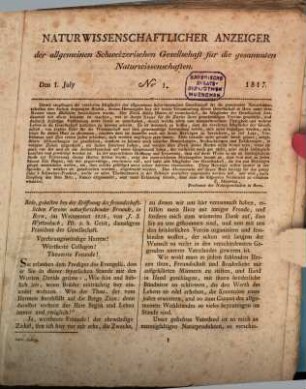Naturwissenschaftlicher Anzeiger der Allgemeinen Schweizerischen Gesellschaft für die Gesammten Naturwissenschaften, 1. 1817/1818