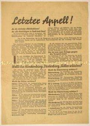 Antikapitalistischer Wahlaufruf der Kommunistischen Partei Deutschlands an die Arbeiter und Werktätigen zur Unterstützung Ernst Thälmanns im ersten Wahlgang der Reichspräsidentenwahl 1932