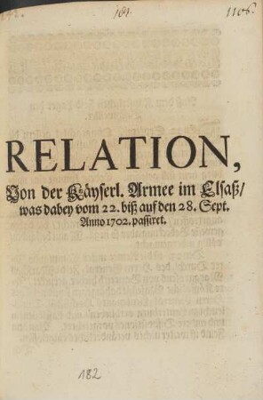 Relation, von der käyserl. Armee im Elsaß/ was dabey vom 22. biß auf den 28. Sept. Anno 1702 passiret