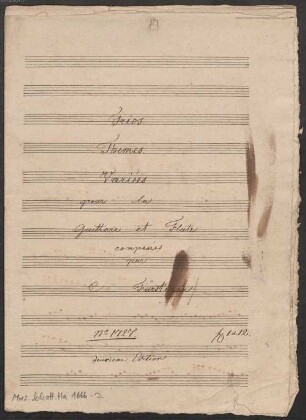 Trois thèmes variées, fl, guit, SchF p.476f - BSB Mus.Schott.Ha 1666-2 : [title page, fl:] Trios. [!] // Themes. // Variées // pour la // Guittare et Flute // composées // par // C: Fürstenau. // N|o 1727. fl 1 k 12. // deuxieme Edition