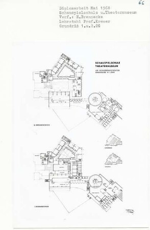 Schauspielschule und Theatermuseum am Schlossparktheater, Berlin-Steglitz (Diplomarbeit bei Willy Kreuer): Grundriss 1. - 2. Obergeschoss 1:200