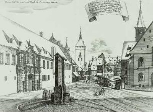 Straße in Nürnberg (Jakobskirche und Deutschordenshaus) : Stadtbrunnen, Nürnberg, Stich 1681