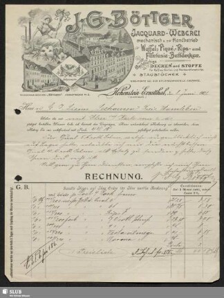J. G. Böttger, Jacquard-Weberei, Hohenstein-Ernstthal (Sachsen) : Rechnung