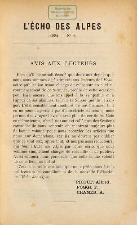 L' echo des alpes. [20/21]. 1884/85