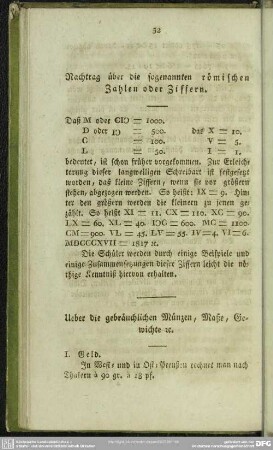 Ueber die gebräuchlichen Münzen, Maße, Gewichte etc.