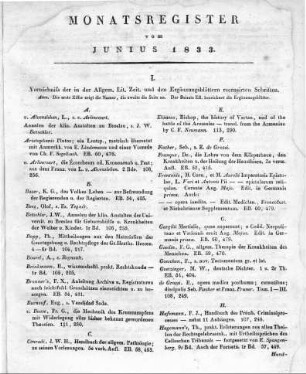 Monatsregister vom Junius 1833