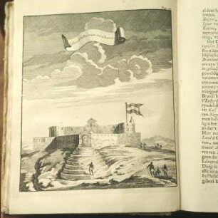 Fort San Sebastian, Shama : Shama (Ghana). Fort San Sebastian, erbaut 1523 als portugiesische Handelsfestung, Kupferstich, aus: Willem Bosman: Nauwkeurige beschryving van de Guinese Goud-tand-en Slave-kust, Amsterdam 1757