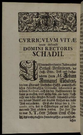 Curriculum Vitæ beate defuncti Domini Rectoris Schadii.