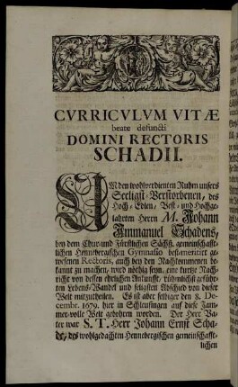 Curriculum Vitæ beate defuncti Domini Rectoris Schadii.