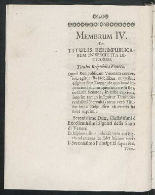 Membrum IV. De Titulis Rerumpublicarum In Specie Ita Dictarum.