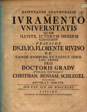 Disp. inaug. de iuramento universitatis