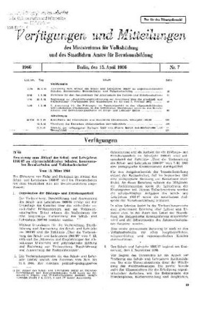 Anweisung zum Ablauf des Schul- und Lehrjahres 1966/67 an allgemeinbildenden Schulen, kommunalen Berufsschulen und Volkshochschulen : 21/66 vom 15. März 1966 ; [Verfügungen]