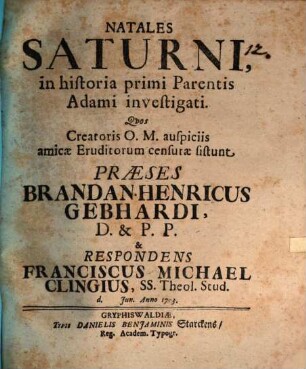 Natales Saturni, in historia primi parentis Adami investigati