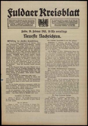 Erste Ausgabe vom Donnerstag, den 18. Februar 1915.