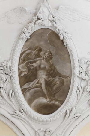 Decke des Gartenkabinetts — Medaillons mit Geliebten des Zeus — Antiope und Zeus als Satyr