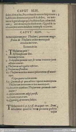 Caput XLIV. De municipiorum iure Thesauri, quantum magistratus de Thesauro in loco municipali invento lucretur