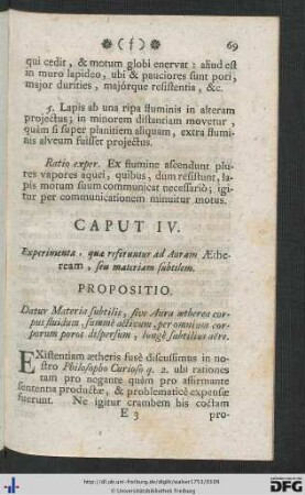 Caput IV. Experimenta, quae referuntur ad Auram Aetheream, seu materiam subtilem.