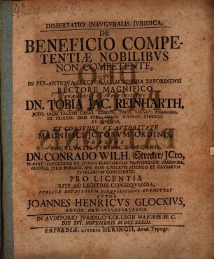 Dissertatio inauguralis iuridica, De beneficio competentiae nobilibus non competente