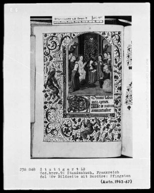 Lateinisch-französisches Stundenbuch (Livre d'heures) — Miniatur im Bordürenrahmen und Textanfang, Folio 18verso