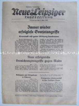 Extrablatt der "Neuen Leipziger Tageszeitung" zu Gegenangriffen der Roten Armee, italienischen Luftangriffen auf Malta und den Kämpfen im Pazifik