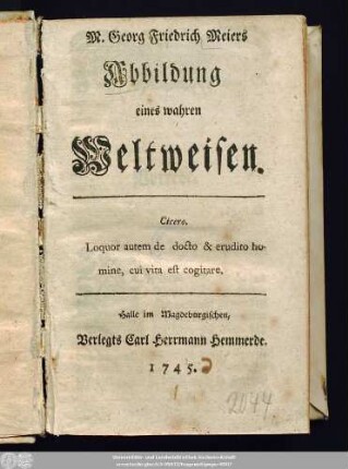 M. Georg Friedrich Meiers Abbildung eines wahren Weltweisen