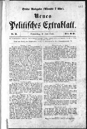 Neues Politisches Extrablatt. N[umer]o 2. Dritte Ausgabe (Abends 7 Uhr). (Sammlung Friedlaender)