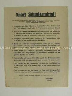 Maueranschlag mit Hinweisen zum Sparen von Schmierstoffen