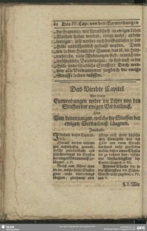 Das Vierdte Capitel Von denen Einwendungen wider die Lehre von den Stuffen der ewigen Verdam[m]niß, Oder Von denenjenigen, welche die Stuffen der ewigen Verdam[m]niß läugnen